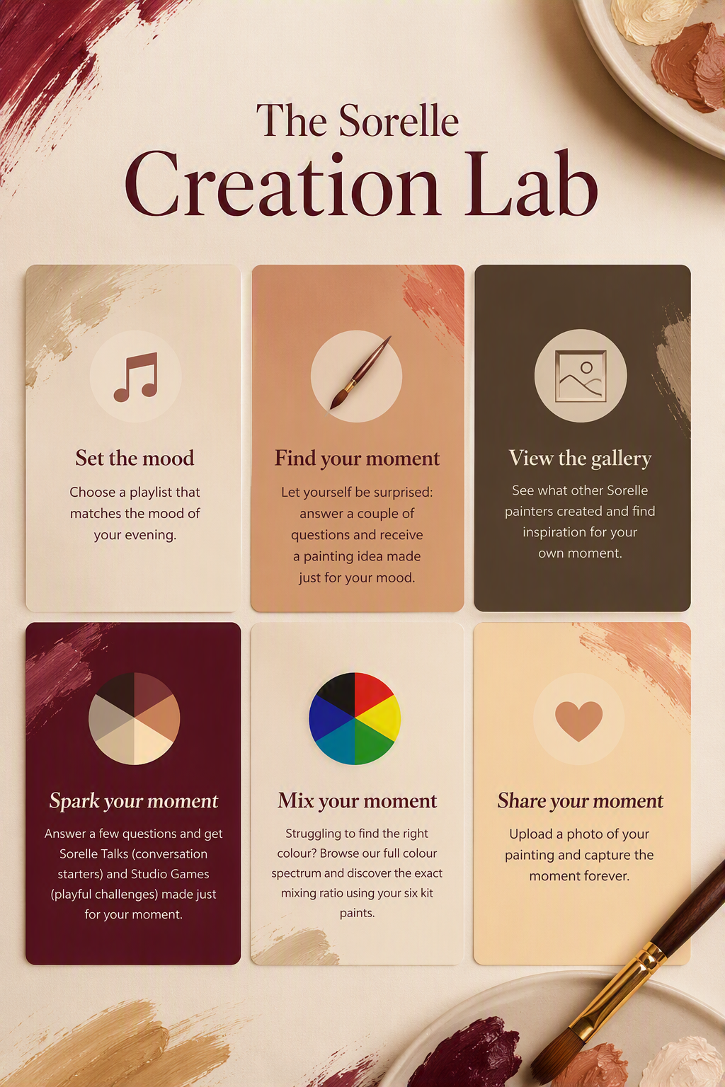 creation lab for inspiration, playlist, color generator, conversation starters